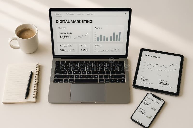 Laptop, surfplatta och mobil visar diagram för digital marknadsföring
